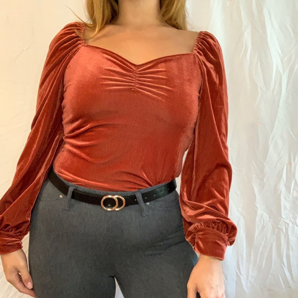 Orange Velvet Ruched Puff Sleeve Top